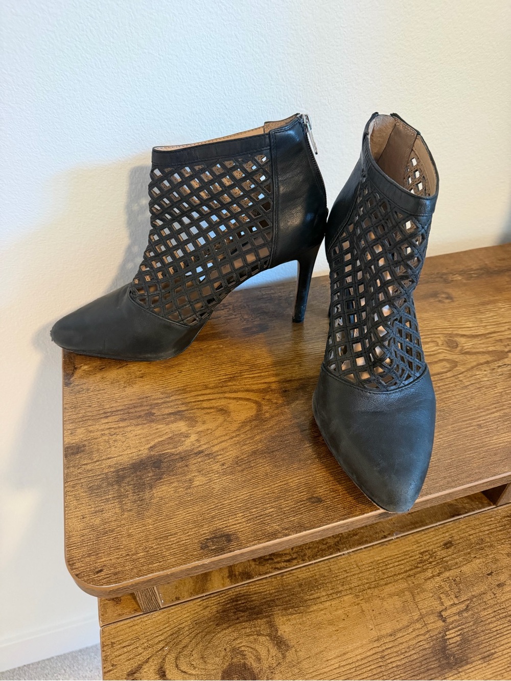 ANTONIO MELANI Black Lattice Cutout Pointed-Toe Stiletto Ankle Boots